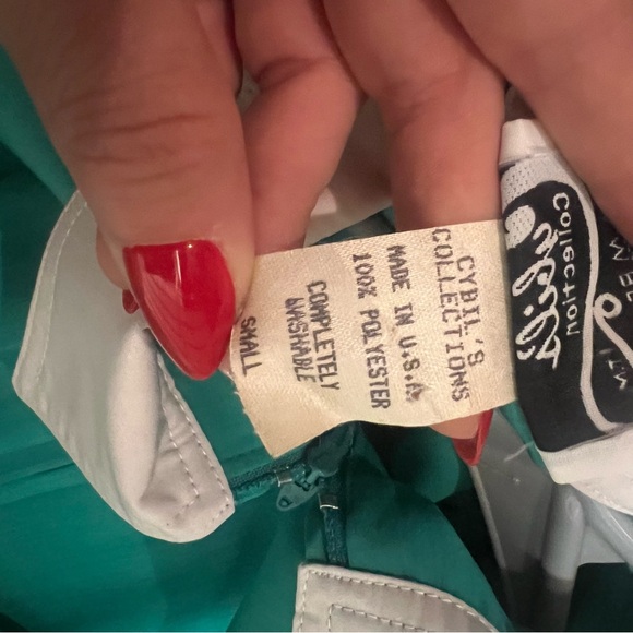 Cybil's collection Palm Beach size Small teal and white 80s long sleeve jumpsuit - Picture 2 of 16